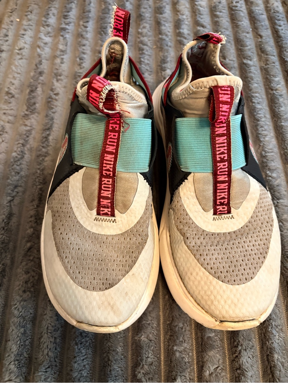 Nike Kids Slip-On Sneakers in White, Gray, Teal & Pink